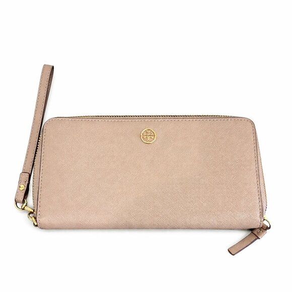 Tory Burch Handbags - Tory Burch Robinson Pebbled Leather Zip Continental Wallet Taupe Wristlet